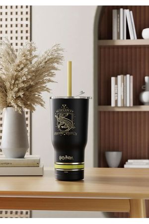 Termo de Acero Inoxidable Con Pitillo Negro Hufflepuff Harry Potter